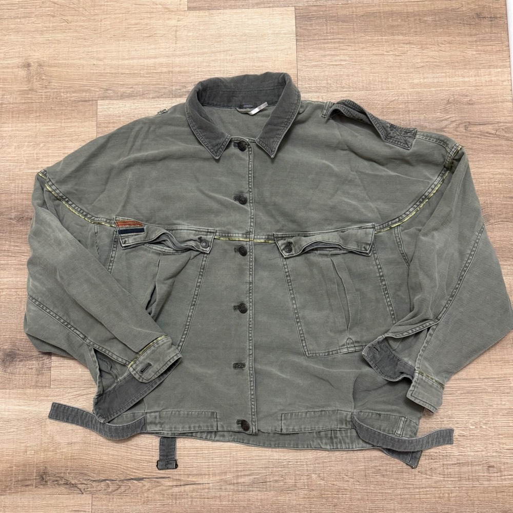 Free People Women Oversized Military Utility Jacket Washed Olive Green Size M